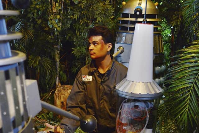 Marco Simioni plays Marc Cory as he is surrounded by the dreaded Daleks.