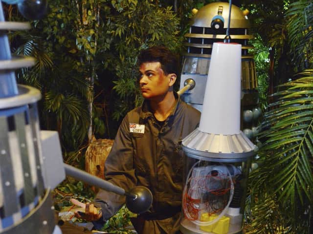 Marco Simioni plays Marc Cory as he is surrounded by the dreaded Daleks.
