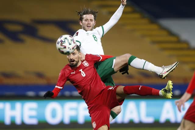 Alan Browne heads the Republic of Ireland in front against Serbia in Belgrade