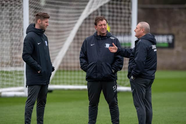 Paul Gallagher (left) with Steve Thompson and Frankie McAvoy at Preston North End's Euxton training gtound this week        Pic courtesy of PNE