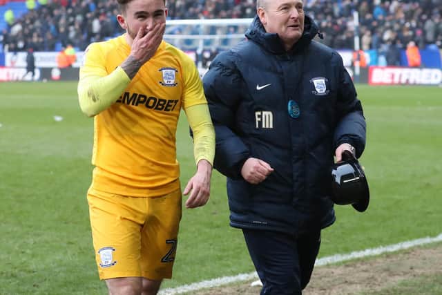 Frankie McAvoy with PNE striker Sean Maguire on Gentry Day at Bolton in March 2018