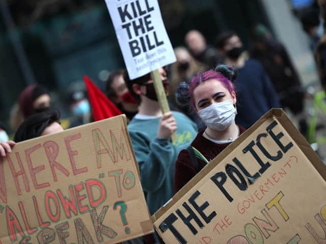 Demonstrators during the 'Kill The Bill' protest against The Police, Crime, Sentencing and Courts Bill in St Peter's Square, Manchester
