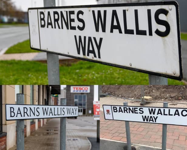 Barnes Wallis's name has proved tough for signwriters to get right - how it should be (top); how it appears on a recently-installed sign (bottom left);  how it was on a sign erected and quickly replaced in 2016 (bottom right)