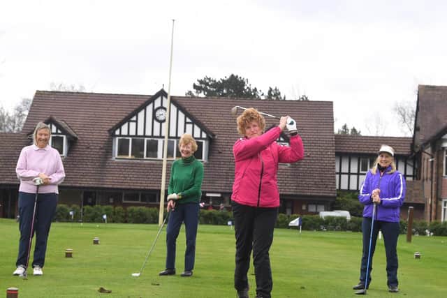 From left to right, golfers Sue Heaney, Linda Wharton, Christine Taylor, with ladies captain Jane Edwards teeing off