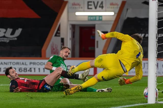 Patrick Bauer scores PNE's third goal in the win at Bournemouth