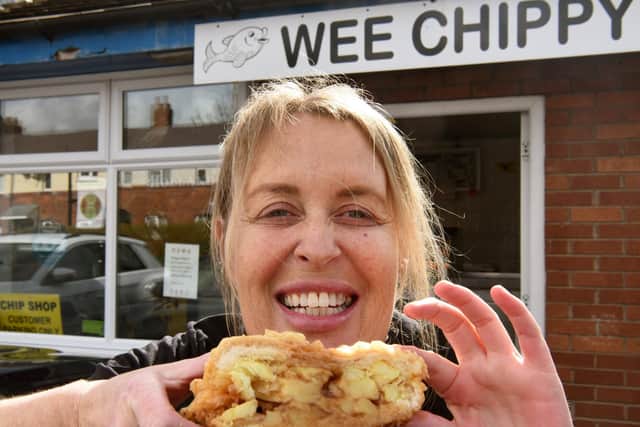 Tina at the Wee Chippy with her battered butty
Photos: Neil Cross