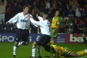 Jonathan Macken celebrates scoring in Preston North End's 4-0 victory over Norwich City at Deepdale in September 2001