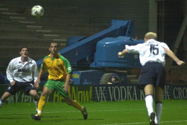 Rob Edwards heads home PNE's third goal against Norwich in September 2001