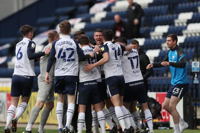 Preston North End players celebrate Bradd Potts' late equaliser against Norwich City at Deepdale
