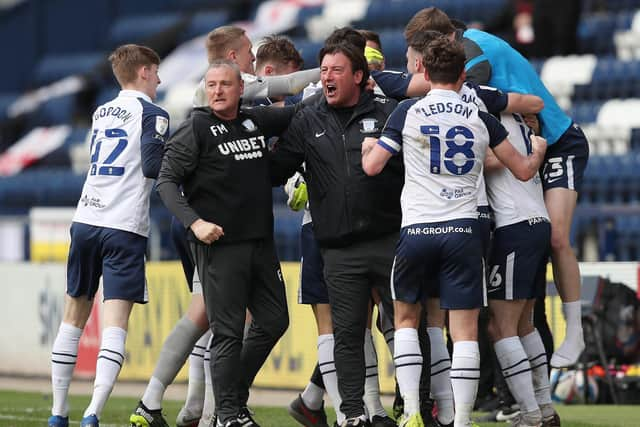 Frankie McAvoy celebrates Preston North End's late equaliser against Norwich at Deepdale on Good Frday