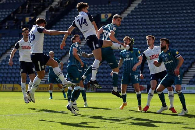 North End defender Jordan Storey goes up for a first-half header from a corner