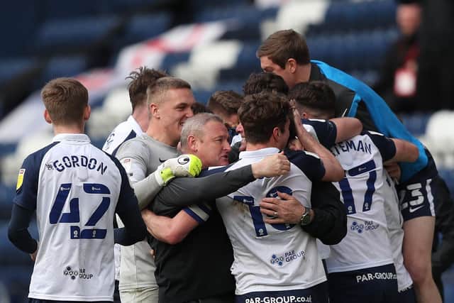 PNE celebrate their equaliser with a pile-on