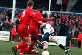 David Beckham in action on his Preston debut against Doncaster Rovers at Deepdale in March 1995