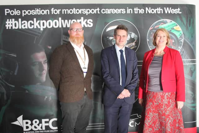 Left to right - Scott Cubitt, B&FC's head of engineering and science, Secretary of State for Education Gavin Williamson and Bev Robinson OBE, Principal and Chief Executive of B&FC