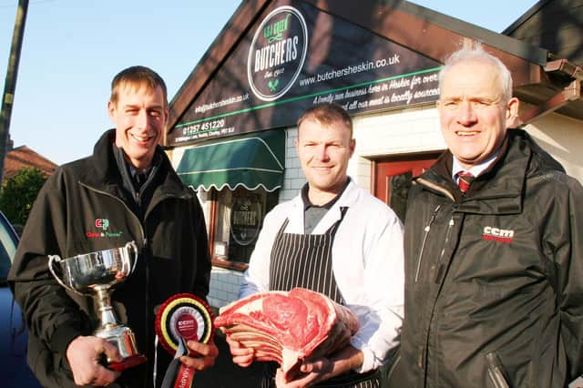 (From left) Local farmer Robert Critchley, David Green, and Skipton Auction Mart’s auctioneer Jeremy Eaton