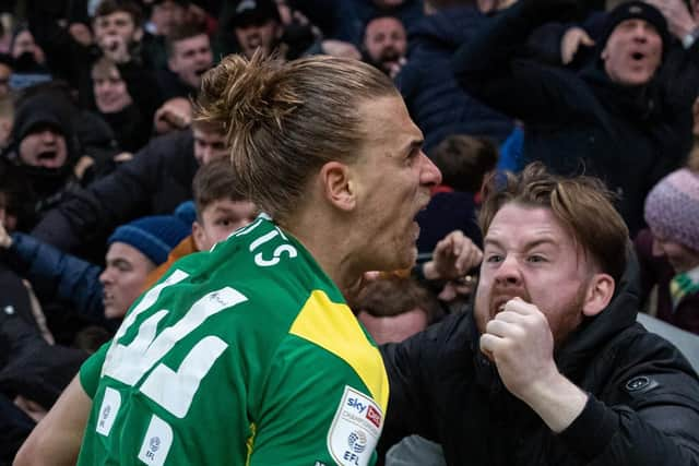 PNE's Brad Potts shares his joy with the North End faithful