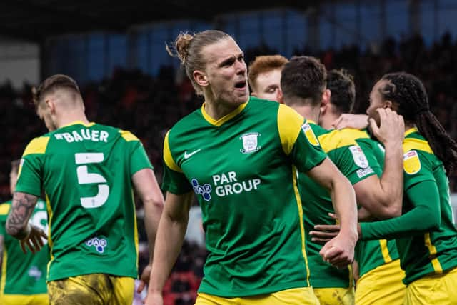 Brad Potts celebrates his goal against Stoke City