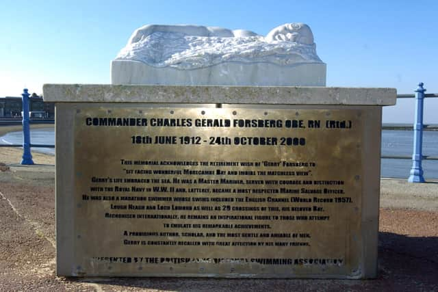 The memorial to long distance swimmer Commander Charles Gerald Forsberg OBE on the promenade opposite Regent Road.