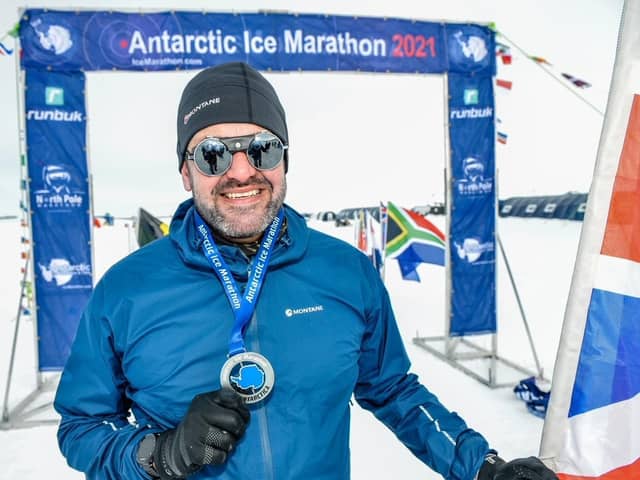 Adventurer Jordan Wylie  having completed a marathon in Antarctica. Picture by Mark Conlon