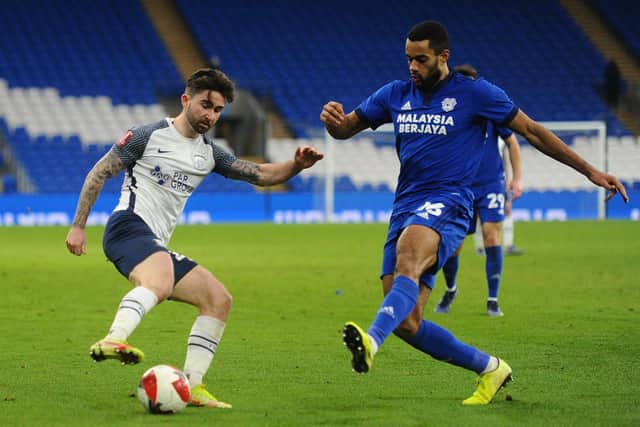 Sean Maguire on the ball for Preston against Cardiff