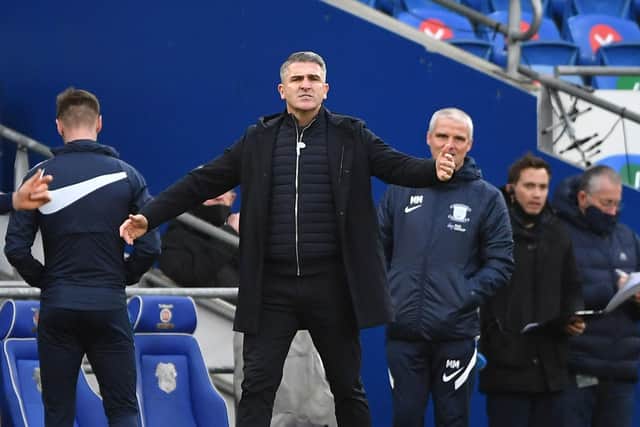 Preston North End manager Ryan Lowe on the touchline at Cardiff