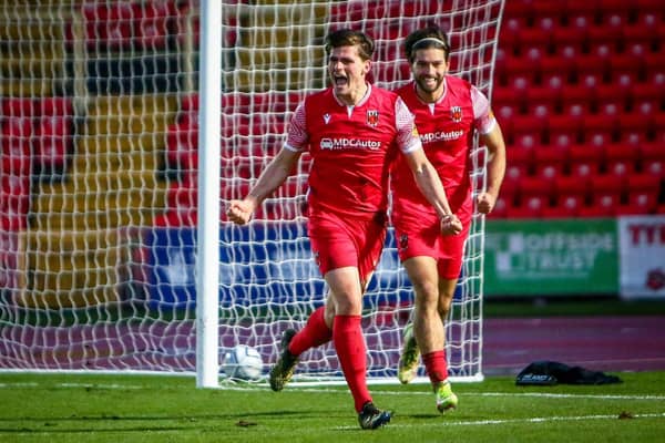 Mike Calveley, left, celebrates with Harry Cardwell after scoring the winner against Gateshead (photo:Stefan Willoughby)