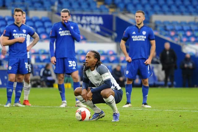 Daniel Johnson prepares to take Preston North End's penalty against Cardiff City