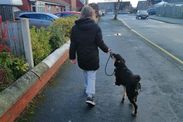 Jessica walking Oscar, who has been rescued from a life of hardship in Romania.