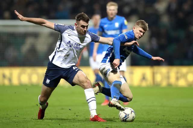 Jordan James of Birmingham City is challenged by Ben Whiteman at Deepdale (Getty Images)