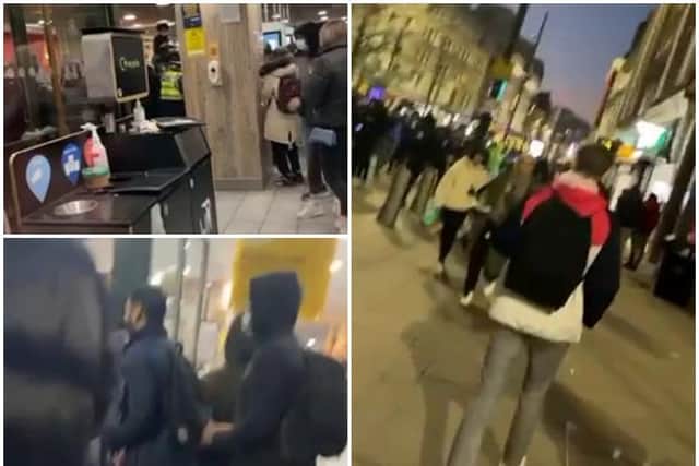 Footage shows dozens of people fleeing in panic after hearing a "gunshot" in a packed McDonald’s in Manchester