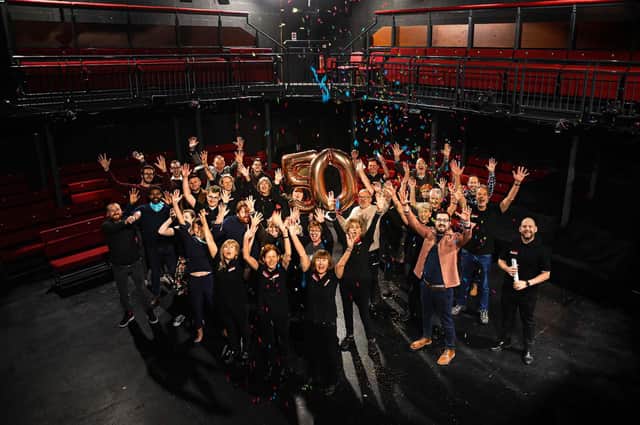 Staff team, board members and volunteers in Dukes' The Round Theatre celebrating their 50th anniversary. Picture by Jess Turton.