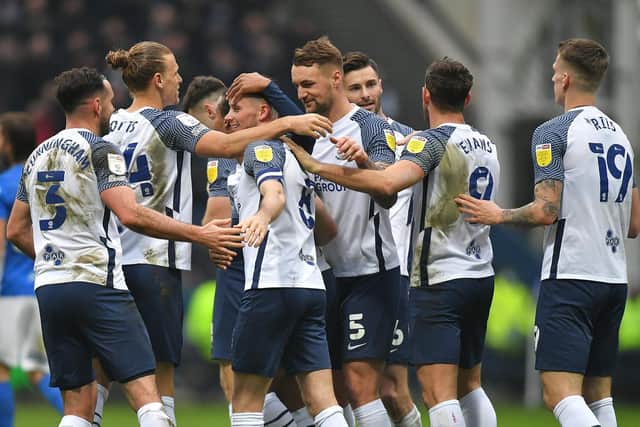 Patrick Bauer (No.5) is congratulated after scoring for PNE against Birmingham City