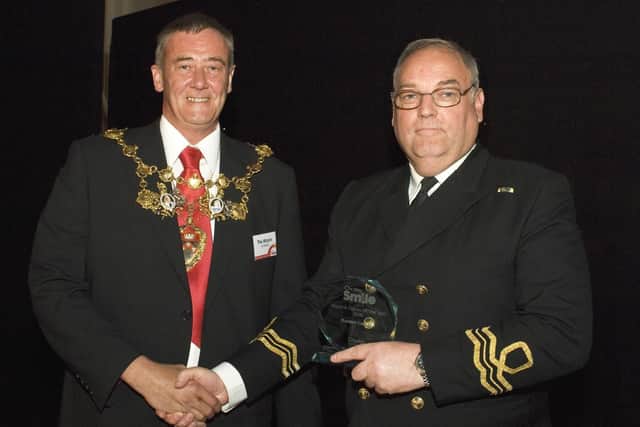 Former Mayor of Chorley Coun Terry Brown presenting a Citizen of the Year Award to Gordon Cadman in 2008