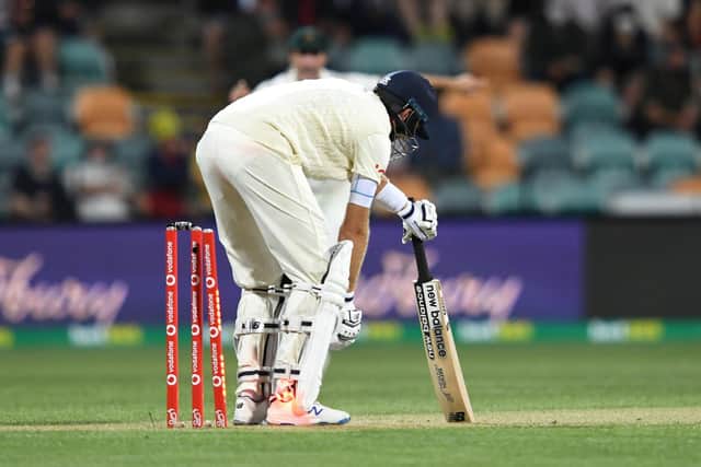 Joe Root after being bowled by Scott Boland in the Hobart Test (credit Darren England via AAP PA Wire)