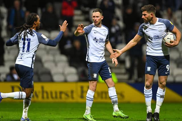 PNE skipper Alan Browne is congratulated by Daniel Johnson and Ched Evans after scoring PNE's first goal against Sheffield United