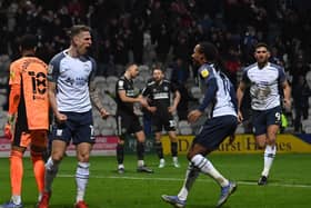 Emil Riis celebrates with Daniel Johnson after scoring Preston North End's late equaliser against Sheffield United at Deepdale.