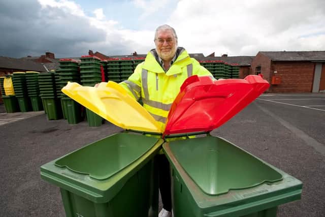 Coun Robert Boswell celebrating the success of Preston Council's Boxes2Bins recycling scheme in 2013.