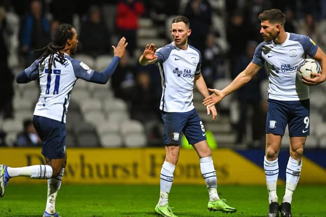 PNE skipper Alan Browne is congratulated after scoring his side's first goal against Sheffield United