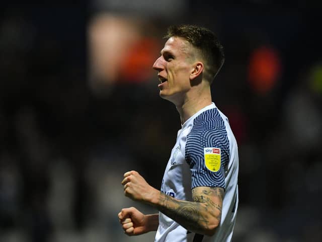 Preston North End striker celebrates at the final whistle of the 2-2 draw wirh Sheffield United at Deepdale