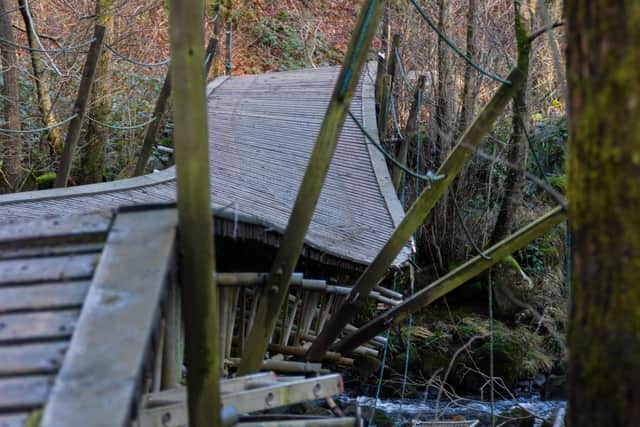 The first pictures have emerged showing what is believed to be the collapsed bridge in Roeburndale, Lancashire, where one man was killed and others were seriously injured. Photo: Kelvin Stuttard