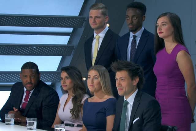 Nick’s team, with Aaron, from Chorley far left, try to sell their non-alcoholic drink Vodify to Lord Sugar in the latest series of the BBC reality show The Apprentice