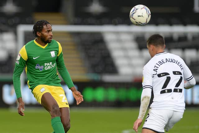 North End's Matthew Olosunde puts in a cross against Swansea