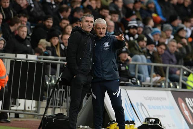 PNE manager Ryan Lowe and his No.2 Mike Marsh try to work things out
