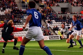 Andy Saville volleys Preston North End's second goal against Millwall at Deepdale in September 1996