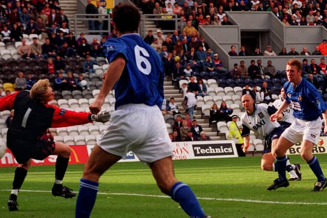 Andy Saville volleys Preston North End's second goal against Millwall at Deepdale in September 1996