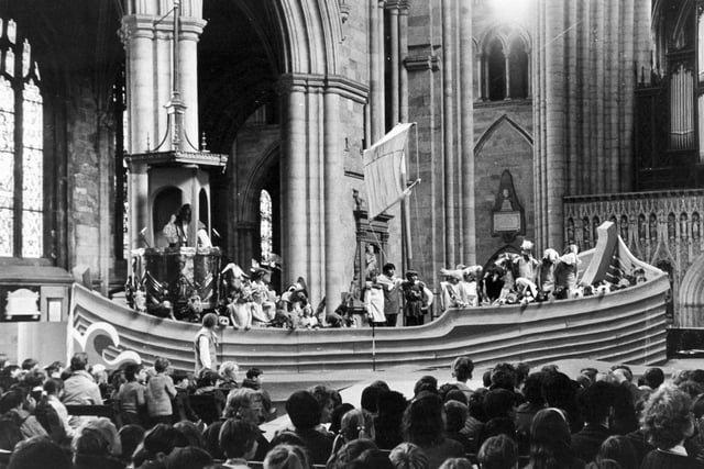 Ripon, 15th May 1972  The scene in Ripon Cathedral during the dress rehearsal of Benjamin Britten's opera, "Noye's Fludde", part of the cathedral's 1,300th anniversary festival.  Schoolchildren in animal costumes are crowded into the Ark, which is built round the ornate pulpit.  Noye (Noah) played by Patrick McGuigan, uses the pulpit as the Ark's bridge.  Nearly 300 children from seven schools in Ripon have been busy, either rehearsing for the opera or making costumes for it.  The Ark has been built by Mr. John Chambers and sixth form pupils at Ripon Grammar School and designed by Timothy Proud.  Animal costumes have been designed by Mr. Anthony Smith, of Ripon Grammar School.  The orchestra is headed by the West Riding String Quartet.  Mrs. Noye is played by Caroline Crawshaw. The conductor is Mr. Paul Shepherd of Leeds, and the producer in Miss Olive Hunter.