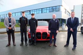 Habib Shama, Engineering Employer Engagement and Apprenticeship Specialist,  two apprentices, Jonathan Rogan head of business at Bowker BMW, and Mark Taylor, Head of School for Engineering and Automotive Technologies