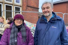 St. Matthew's year 4 class teacher Julie Copeland with National Education Union general secretary Kevin Courtney on the picket line on New Hall Lane