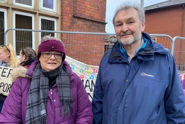 St. Matthew's year 4 class teacher Julie Copeland with National Education Union general secretary Kevin Courtney on the picket line on New Hall Lane