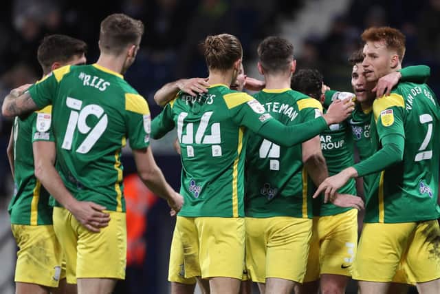 Preston North End celebrate Emil Riis' opening goal against West Bromwich Albion at The Hawthorns